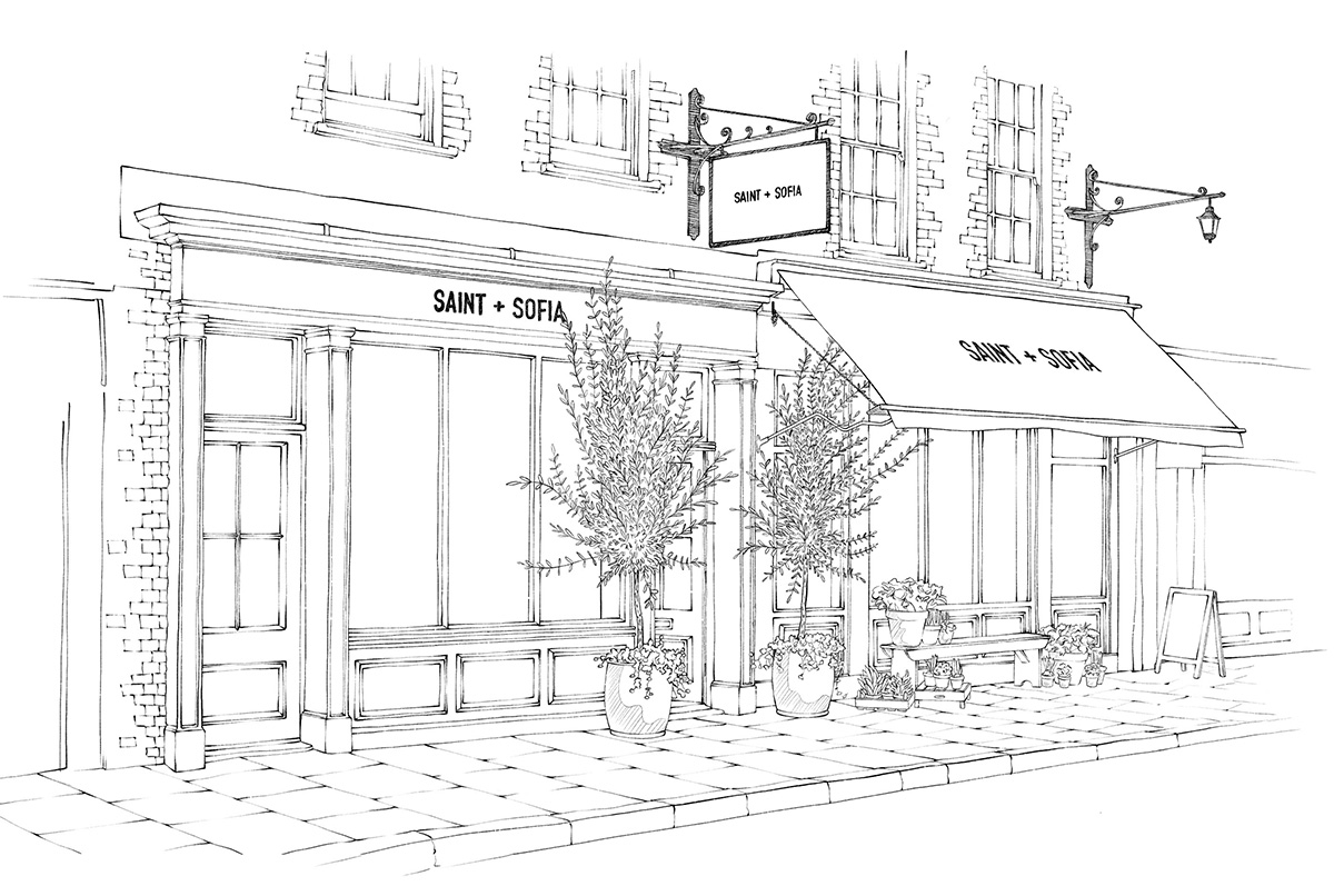 A drawing of the Saint and Sofia Covent Garden store at 35 Monmouth Street