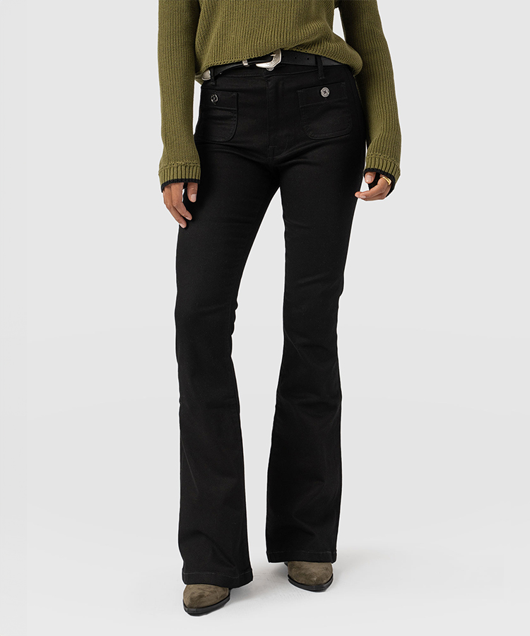 Black flared leg jeans with patch pockets at the front.