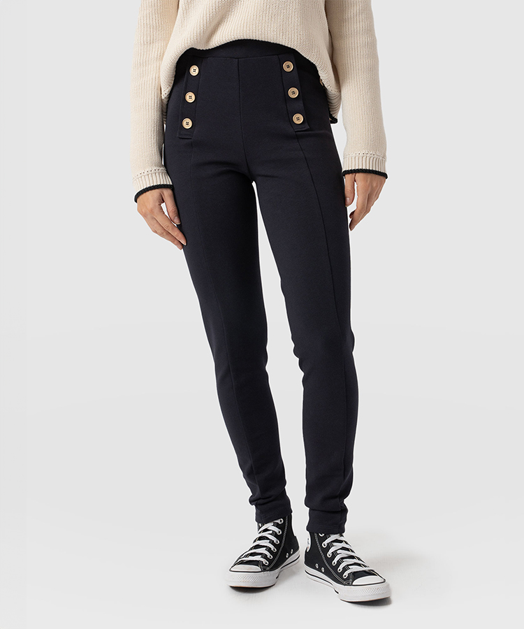 Navy leggings with three gold-toned buttons at either hip.