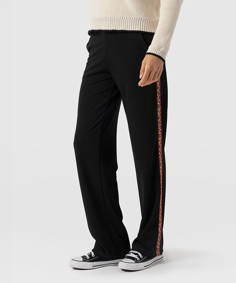 Black wide leg trousers with leopard print taping down the outer side of the leg.