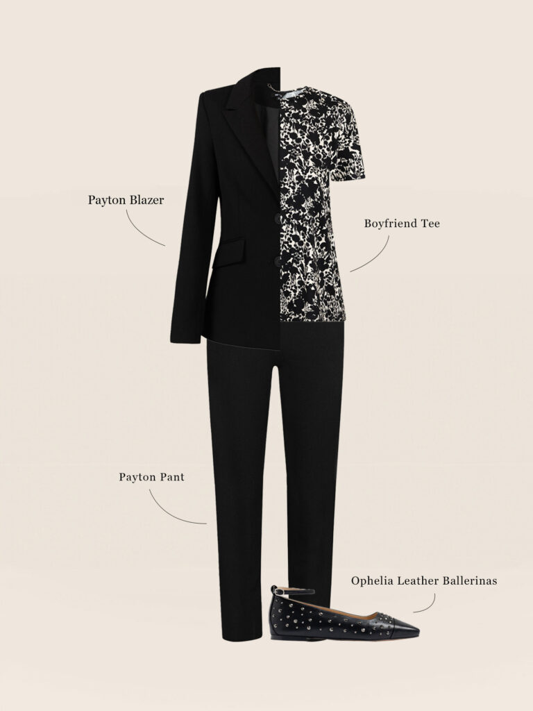 Single breasted black blazer, white and black fitted tshirt, black tailored trousers and black ballerina flats