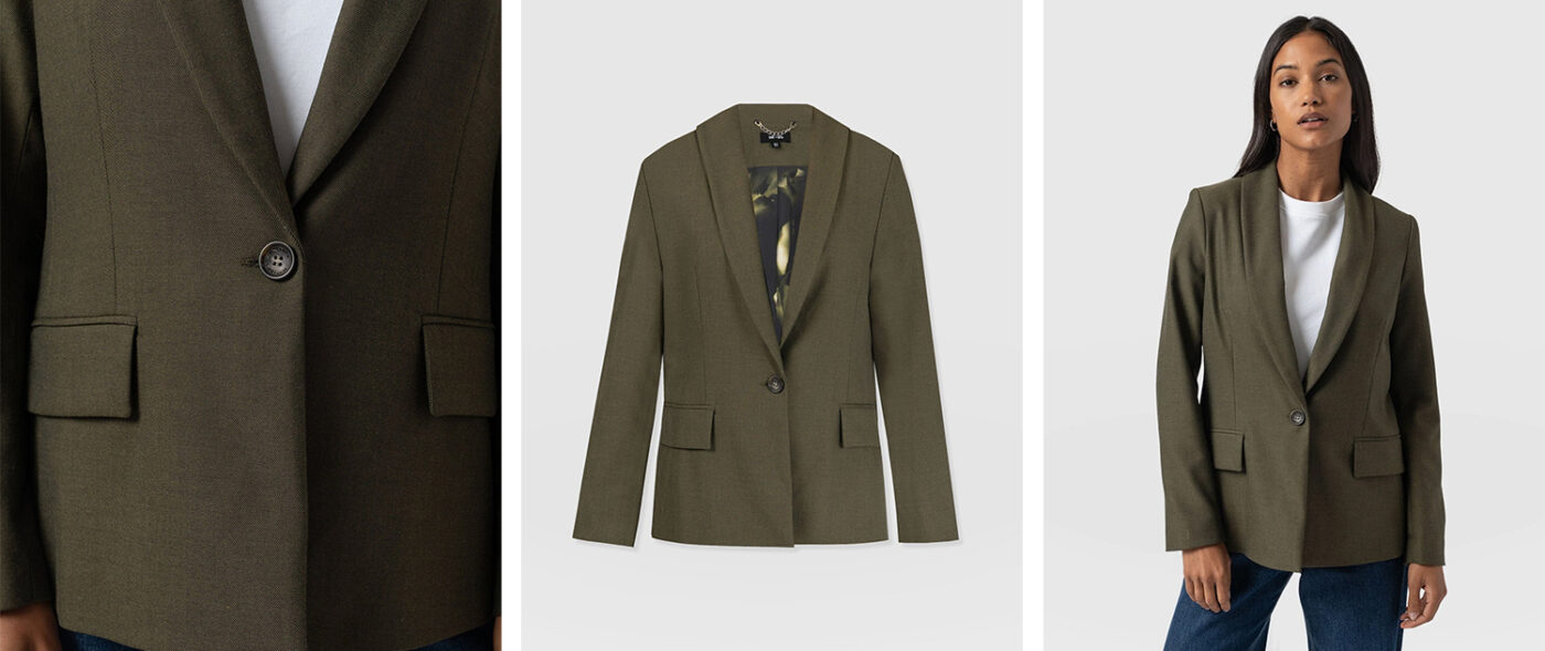 The Argent Blazer from the Saint and Sofia November collection. A wool-blend blazer in khaki with a single-breasted fastening and shawl collar.