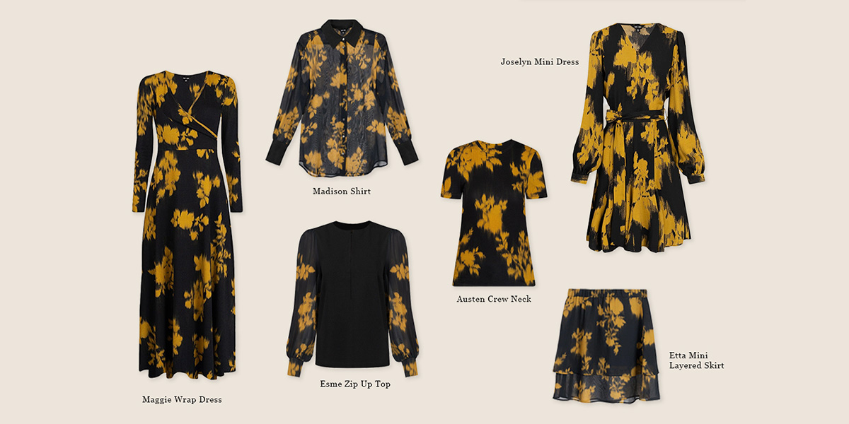 All the Saint and Sofia pieces in the New Yellow Fade Floral print. A midi dress, button-up blouse, long-sleeve top with contrasting sleeves, a short sleeve crewneck tee, a long-sleeved mini dress, a mini tiered skirt.