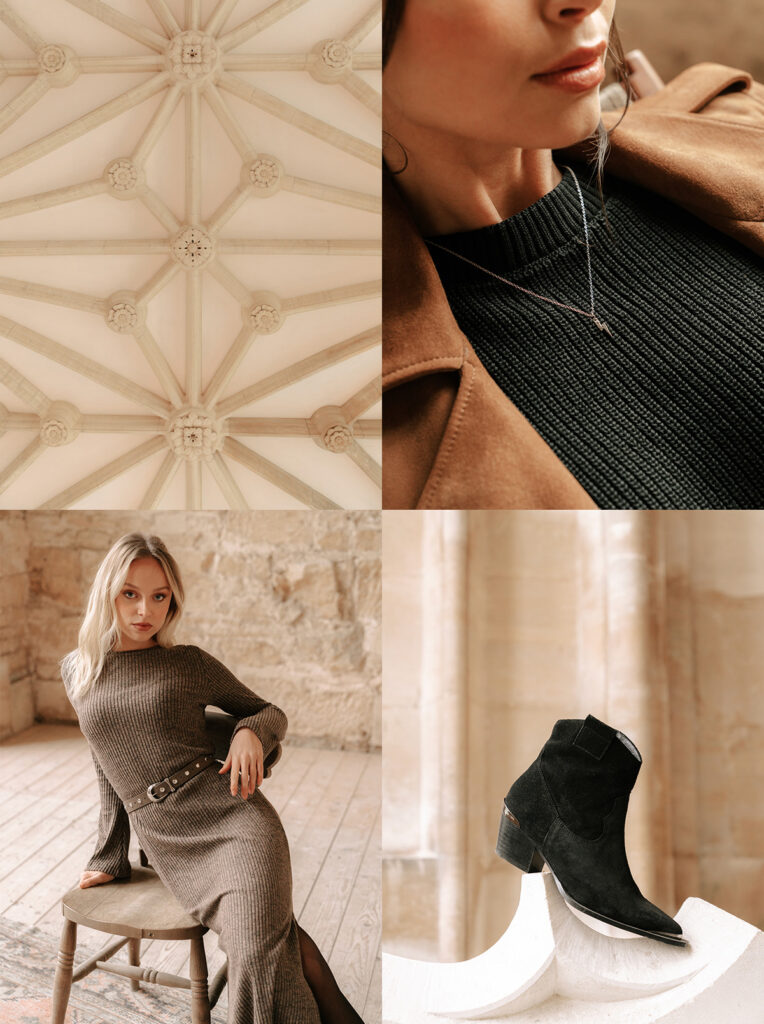 A collage of four images from Saint and Sofia's winter collection. A ceramic sculpture. A model wearing a black knitted sweater with a brown suede jacket and a gold necklace with a lightning bolt pendant. A model wearing a knitted ribbed midi dress with fluted long sleeves. A black suede ankle boot.