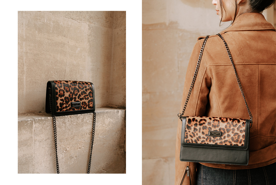 Saint and Sofia leopard print bags made from pure leather with metal chain cross body straps.