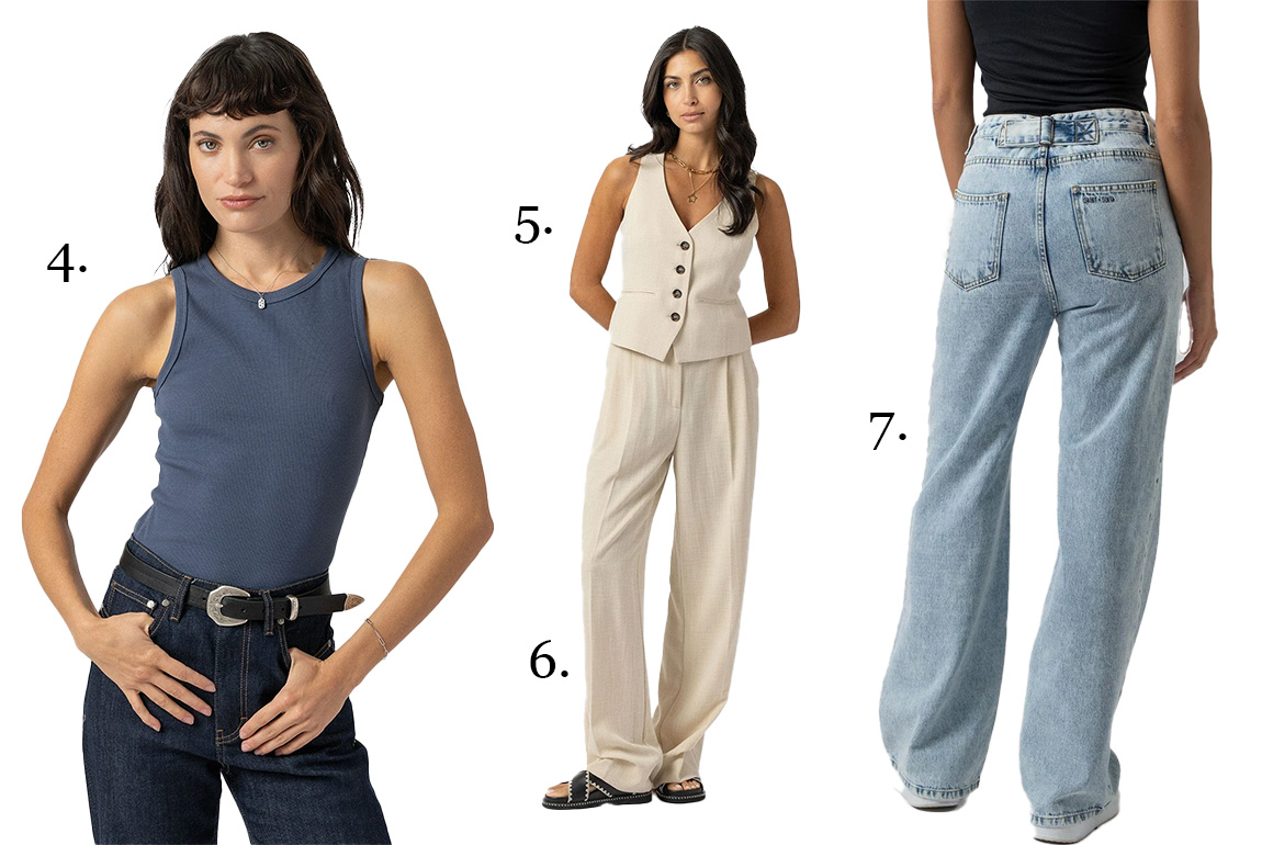 Three models wearing three of Dessi Bell's favourites from the March collection. The Nova Vest, the Astrid Waistcoat, the Emery Pant, the Adjustable Wide Leg Jeans.