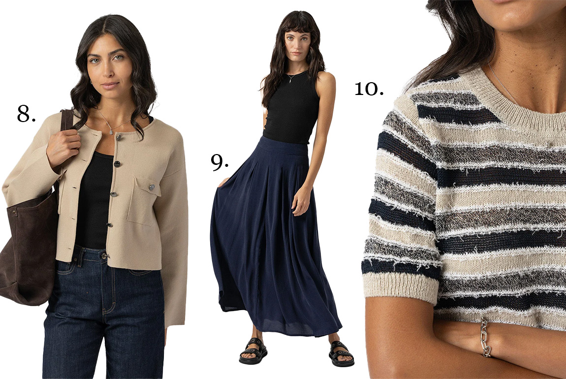 Three models wearing three of Dessi Bell's favourites from the March collection. The Maeva Jacket, Eliza Pleated Skirt, Fearne Tee.