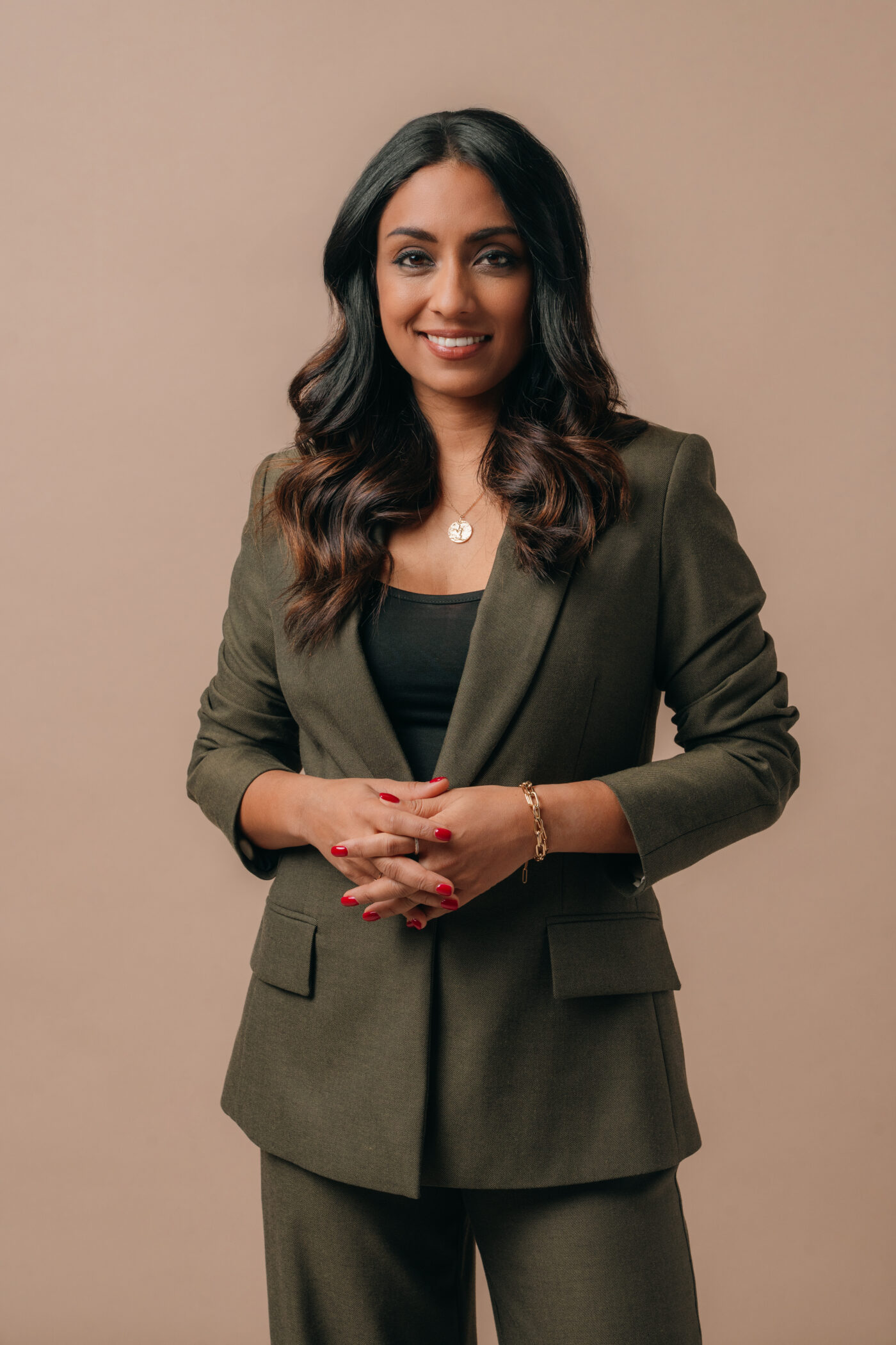 Broadcaster Isa Guha wearing the Saint and Sofia Astrid Blazer in Khaki