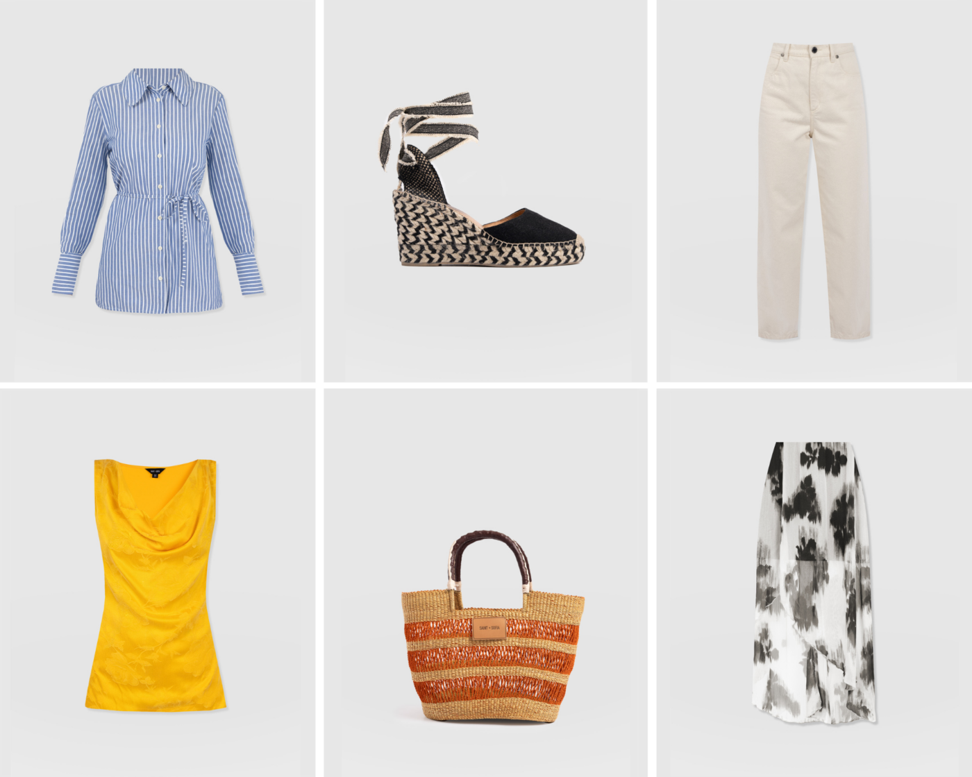A grid of six products from the Saint and Sofia may collection. A white and blue striped mini shirt dress. A heeled espadrille with a wedge sole and tie around fastening. A pair of cream barrel leg jeans. A yellow cowl neck sleeveless tee with a floral jacquard finish. A striped raffia shopper bag with woven top handles. A black and white floral print midi skirt with an asymmetric hem.