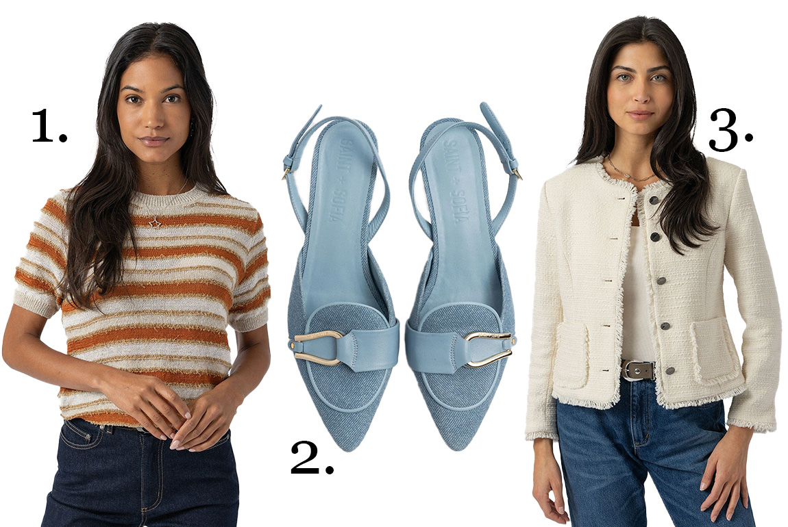 Three items from Saint and Sofia's April collection. The Fearne Knit Tee in rust, the Bridget Sling Back Heels in denim, and the Ashby Jacket in cream.