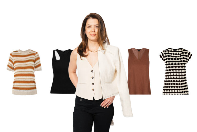 Saint and Sofia's founder Dessi Bell wearing the Astrid Waistcoat and stood in front of a white backdrop.
