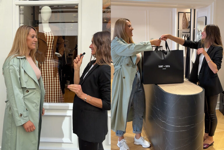 Saint and Sofia's personal stylist, Amber, stood with a customer outside the store and then again at the till as she hands over a bag filled with her handpicked outfit.