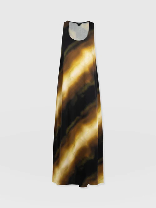 The Saint and Sofia Celese Maxi Dress. A sleeveless design with a scoop neckline and a black and yellow gradient print.