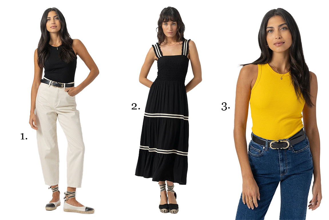Three models wearing items from Saint and Sofia's May collection. The first is wearing a pair of cream barrel leg jeans, the second is wearing a black sleeveless midi dress, and the third is wearing a yellow ribbed vest.