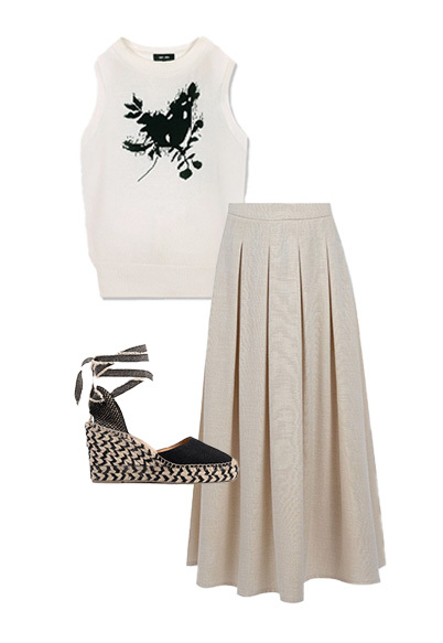 A flatlay of a summer outfit styled with the Saint and Sofia Astra sweater vest. Here it is paired with the linen Eliza midi skirt and a pair of heeled espadrilles.