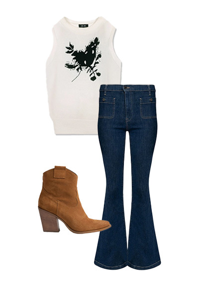 The Saint and Sofia Astra sweater vest on a flatlay with the bowie flared jeans and the brown suede ankle boots.