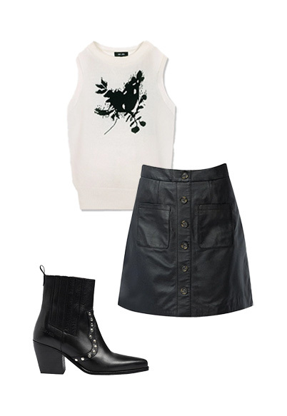 The Saint and Sofia Astra sweater vest on a flatlay paired with the leather mini skirt and a pair of studded leather ankle boots for a winter look.