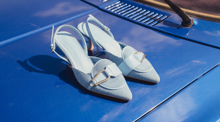 Saint and Sofia Bridget Sling back heels made from leather and decorated with a denim effect.