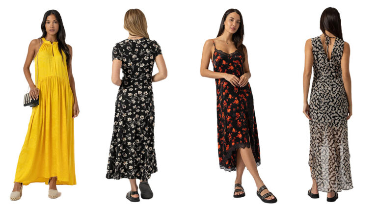 Four models wearing Saint and Sofia wedding guest dresses. On the left, a model wears the Zoey Halter Neck Dress in yellow floral jacquard, second in, a model stands with her back to the camera wearing the floral print Maggie wrap dress with short sleeves, the third stands in Harper Lace Cami Dress a floral sleeveless design with a lace trim, and the fourth stands with her back to the camera in the Lexi High Low Dress a floral design with a cut out at the back