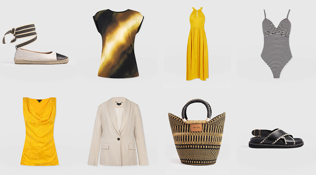 Eight items from the May collection designed by our Saint and Sofia designers. A pair of lace up espadrille pumps, a crew neck tee with a gradient print at the front, a yellow halter neck dress, a striped swimsuit, a yellow cowl neck tee, a cream single breasted blazer, a beige and navy basket bag, leather cross-over sandals.