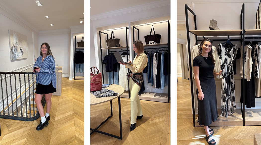 The Saint and Sofia Designers. On the left, our Senior Designer Danielle stood in a striped shirt with a black mini skirt and loafers. In the centre, Maartje stood in a yellow suit co-ord. And on the right, Denisa wearing a black midi skirt and a black short sleeved top.