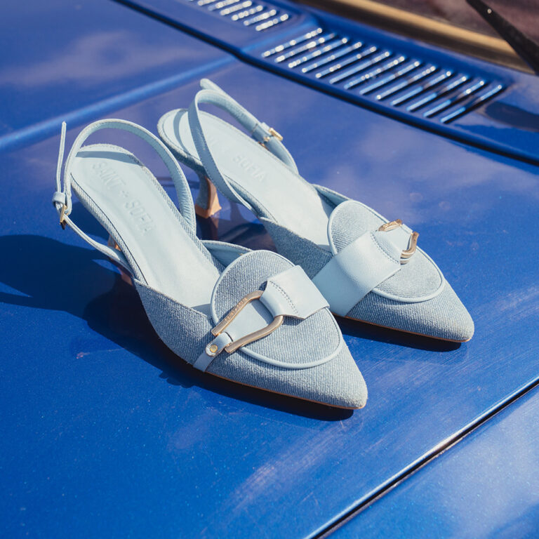 Saint and Sofia Bridget Sling back heels made from leather and decorated with a denim effect.