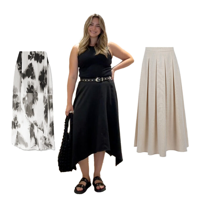 A size 14 model wearing the Saint and Sofia Noho Skirt, a black midi skirt, and a black vest. Either side of her are two cut out images of other midi skirts. On the left a white and black floral skirt and on the right a cream linen effect midi skirt with pleats.