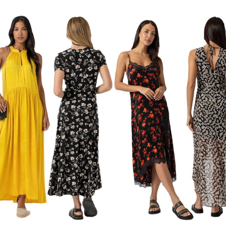 Four models wearing Saint and Sofia wedding guest dresses. On the left, a model wears the Zoey Halter Neck Dress in yellow floral jacquard, second in, a model stands with her back to the camera wearing the floral print Maggie wrap dress with short sleeves, the third stands in Harper Lace Cami Dress a floral sleeveless design with a lace trim, and the fourth stands with her back to the camera in the Lexi High Low Dress a floral design with a cut out at the back