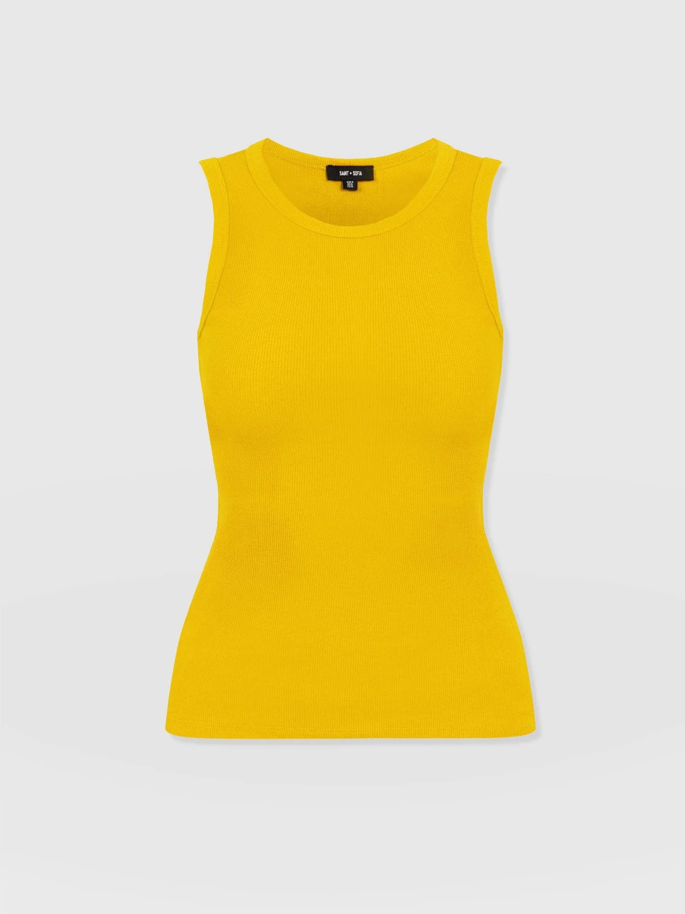 The Saint and Sofia Nova racer vest in yellow. A crew neck design with a slim fitting ribbed finish.