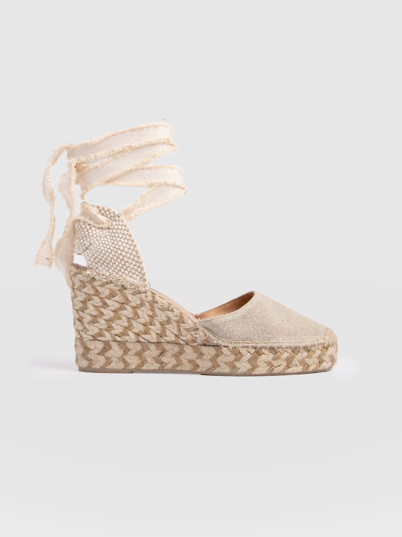 The Rowe Espadrille Wedges by Saint and Sofia. Almond toe heels with an artisan espadrille wedge and a wrap around self tying ankle fastening. Ideal for holiday evenings.