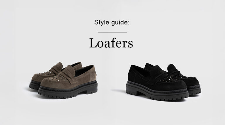 The Saint and Sofia Raine Studded Loafers in khaki and black suede with cut out over a white background with the text "Style Guide: Loafers" over the top