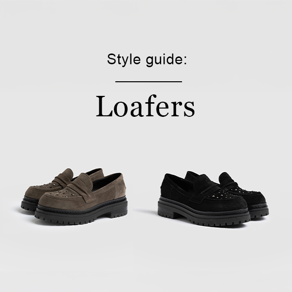 The Saint and Sofia Raine Studded Loafers in khaki and black suede with cut out over a white background with the text "Style Guide: Loafers" over the top