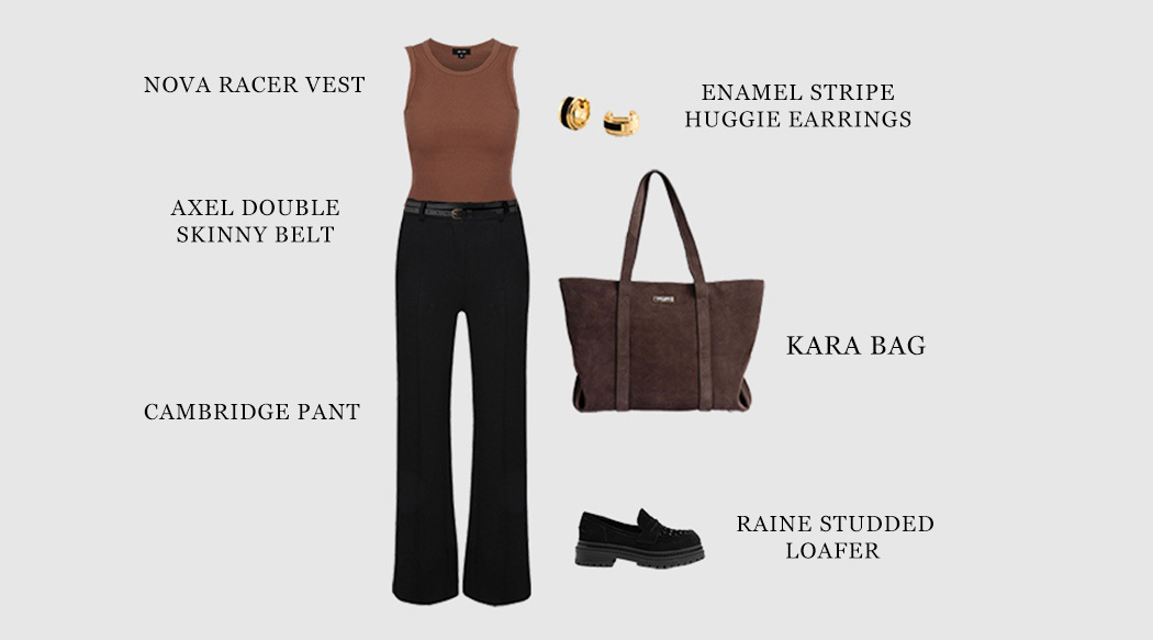A flat lay of an outfit using the Saint + Sofia black suede loafers with wide leg black trousers, a black belt, a brown tank top, gold earrings, and the brown suede Kara tote bag.