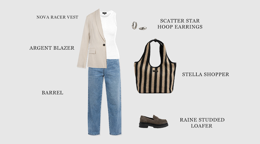 An outfit using the Saint + Sofia suede loafers, the adjustable jeans in blue denim, the Astrid cream blazer, a white tank top, silver hoop earrings, and a raffia tote bag.