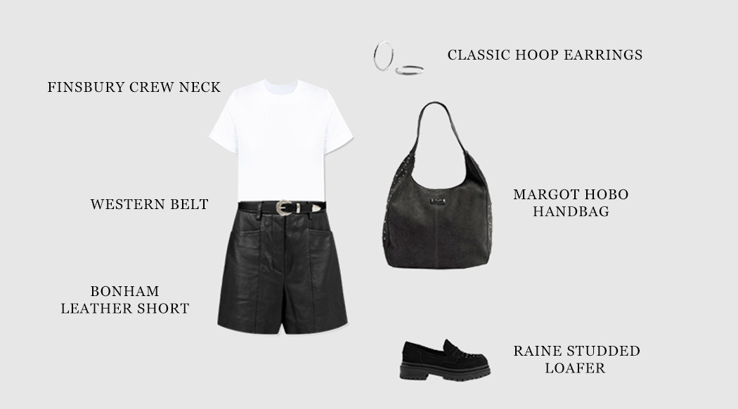 An outfit using the Saint + Sofia black loafers with black leather shorts, a white crew neck tee, a black leather belt, a black suede hobo bag, and silver hoop earrings.