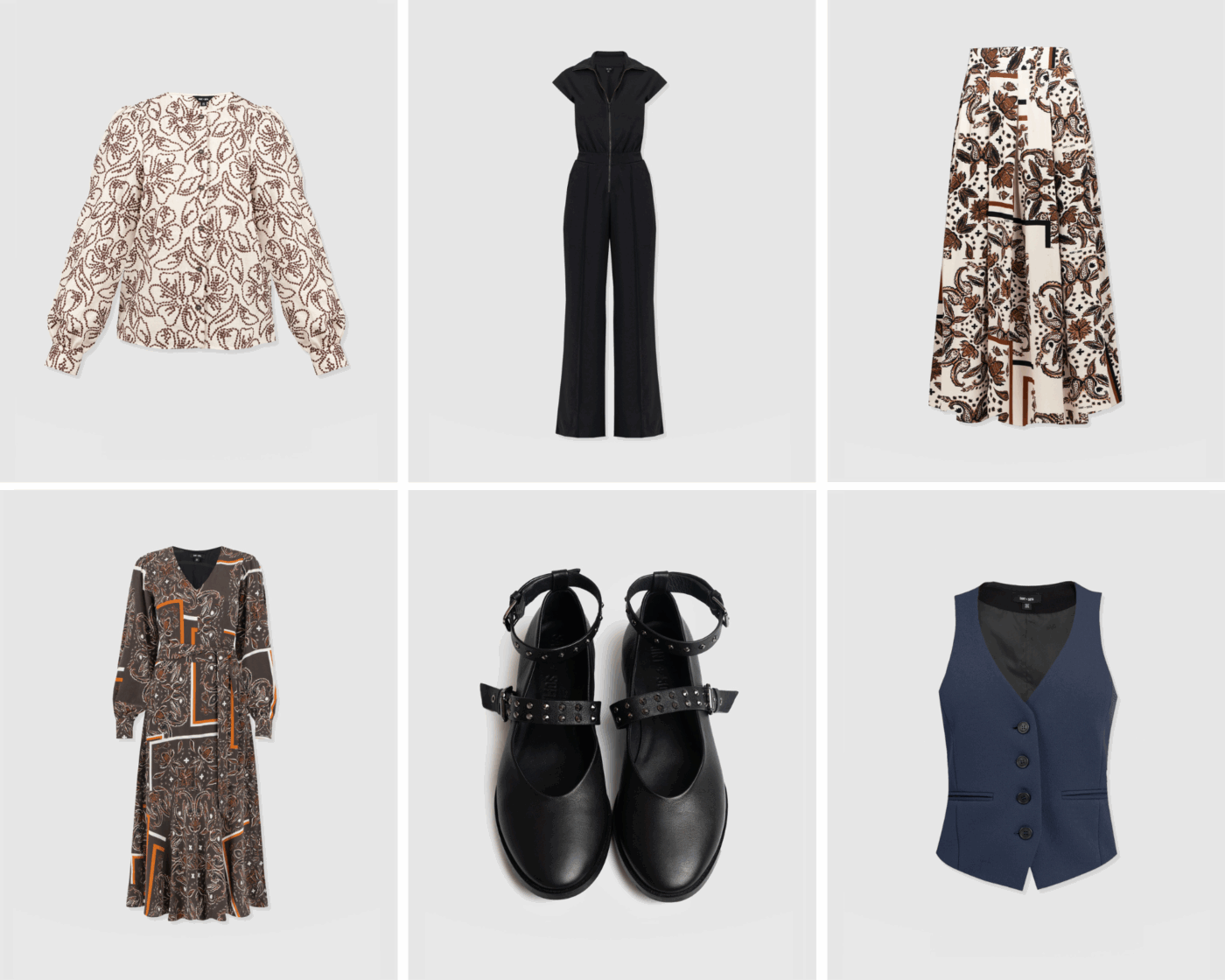 A collage of six images from the Saint and Sofia August Collection. The top left shows a cream long sleeve blouse with brown floral embroidery. The top middle shows a black short sleeve jump suit with a zip front and long wide legs. The top right shows a pleated midi skirt with a brown and cream paisley print. The bottom left shows a brown midi dress with long sleeves, a V neckline, and a belted waist. The bottom middle shows leather ballerina flats with studded straps. The bottom right shows a navy blue waistcoat.