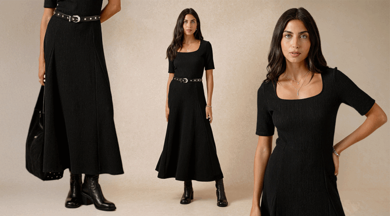 A model standing in front of a beige background wearing the Saint and Sofia Akia dress. To the left, a zoomed in image of the A-line skirt. To the right, a zoomed in image of the square neckline and cinched bodice.