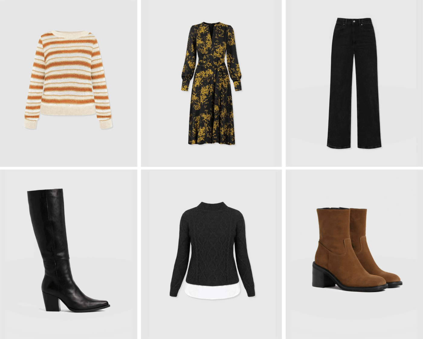A collage of six pieces of clothing from Saint + Sofia's september collection. A orange and cream striped knitted jumper, a black long sleeve dress with a V neckline and yellow flowers, black wide leg jeans, black leather knee high boots, a black cable-knit sweater with a mock shirt sewn underneath, and brown suede ankle boots with a block heel