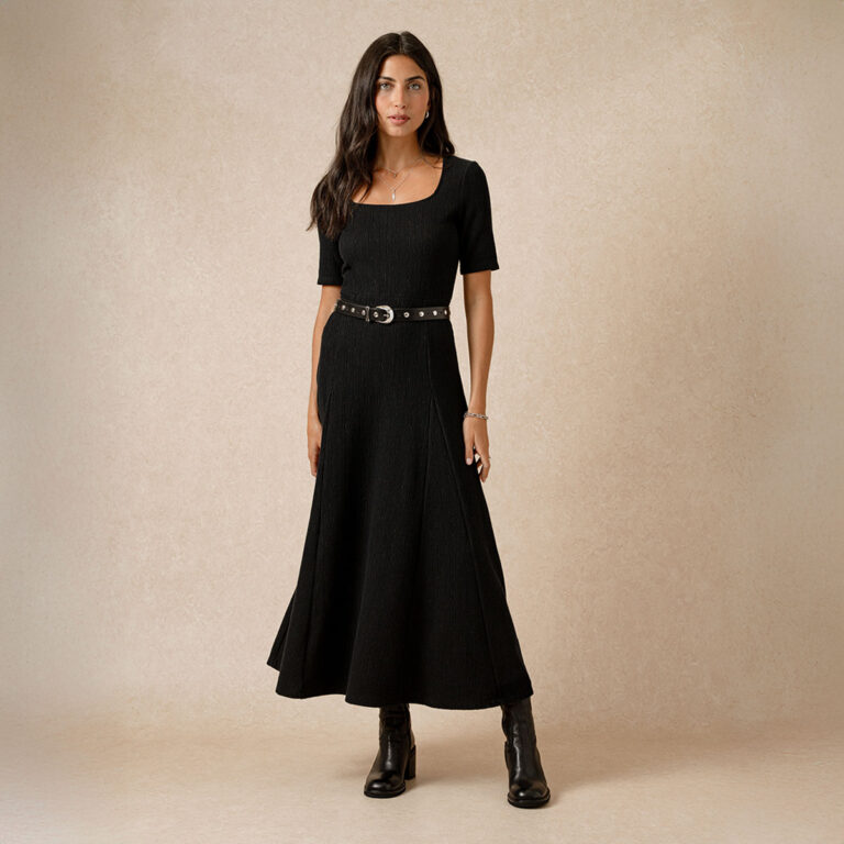 A model standing in front of a beige background wearing the Saint + Sofia Akia Dress. A ribbed short sleeve design with a square neckline, belted waist, and flared A-Line skirt. She styles it here with boots.