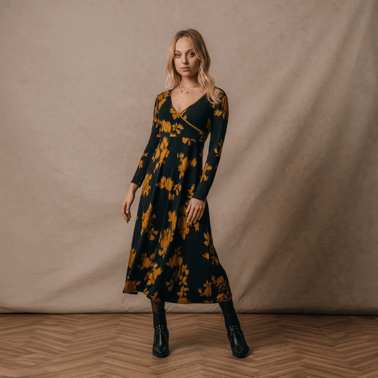 A model stood on a wooden floor in front of a beige sheet background wearing a black and yellow floral dress.