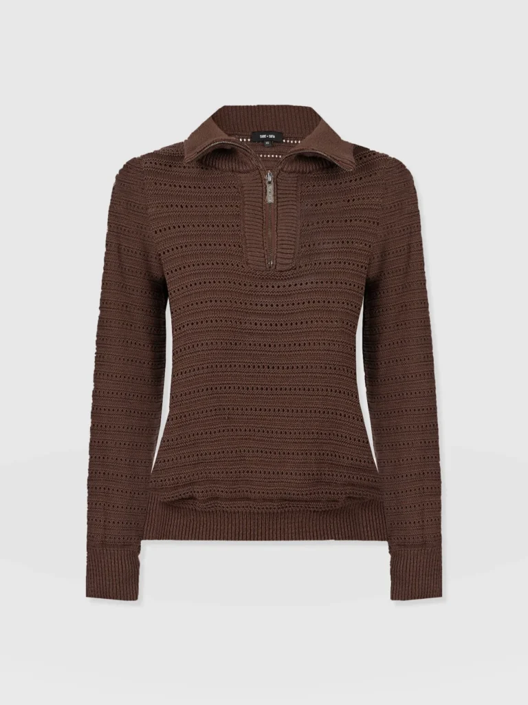 Saint and Sofia's Ester Quarter Zip Knit in chocolate brown. Handmade with a lace hole stitch, long sleeves, and a collared neckline with a quarter zip.