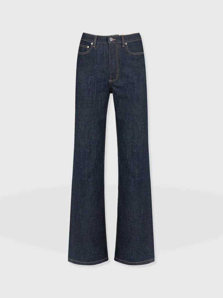 Saint + Sofia's wide leg jeans in mid blue handmade from organic denim