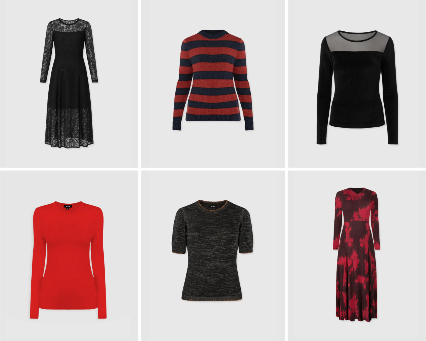 A collage of six products from Saint and Sofia's November 2025 collection. A black figure-hugging dress, a blue and red striped knitted jumper, a figure-hugging long sleeve top with a mesh panel at the neck, a long sleeved red rib top, a short sleeve top with glittering lurex fibres, a floral long sleeve dress with an adjustable zip neckline