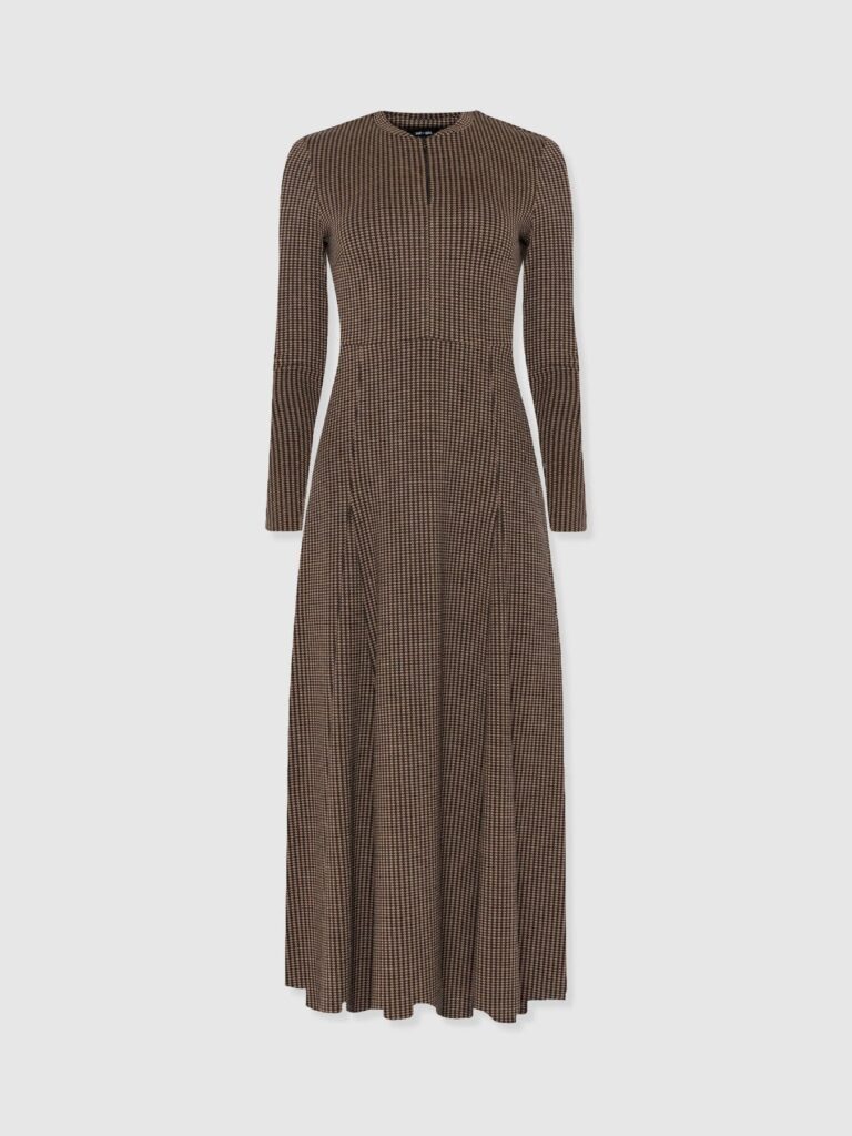 A brown houndstooth pattern long-sleeve jersey dress from the Saint and Sofia October collection.