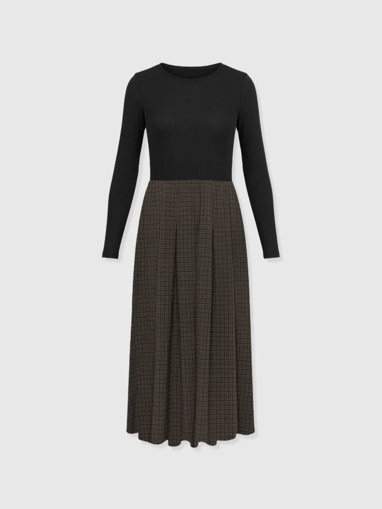 A contrast dress from Saint and Sofia. A black jersey bodice with a brown check lightweight skirt.