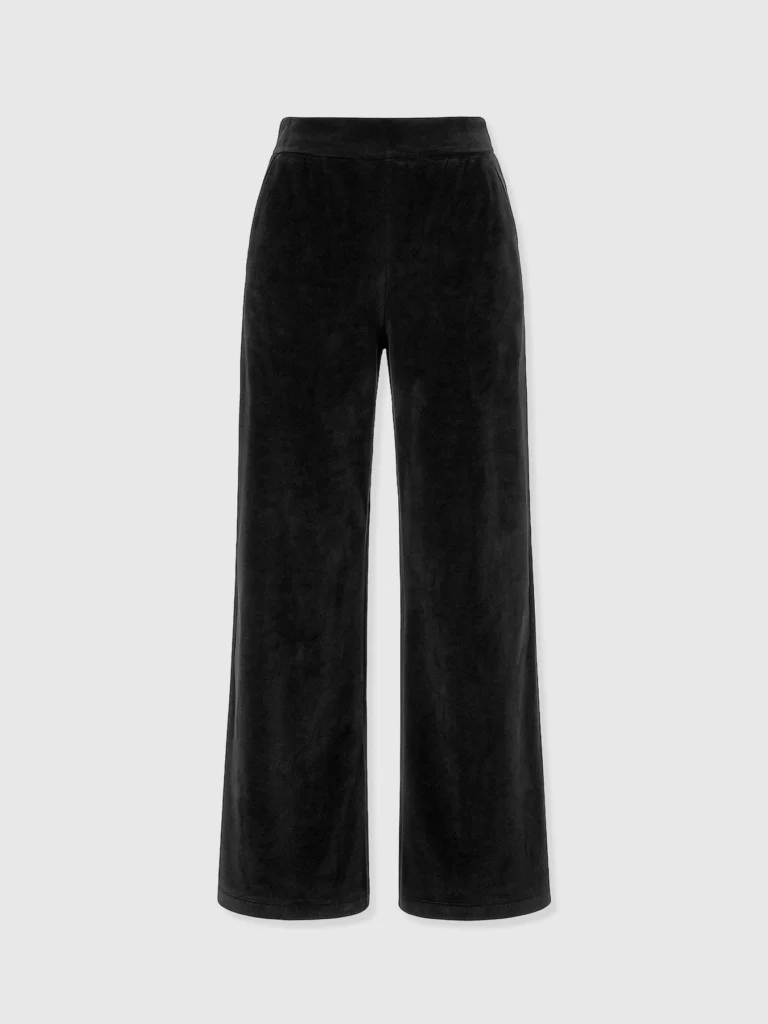Black velvet wide leg trousers with a flat-fronted waistband and elasticated back from the Saint and Sofia winter collection.