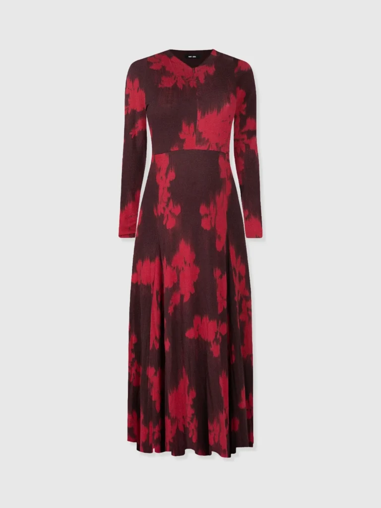 Red floral dress, long sleeved design, zipped neckline, softly pleated skirt, from the Saint and Sofia winter collection