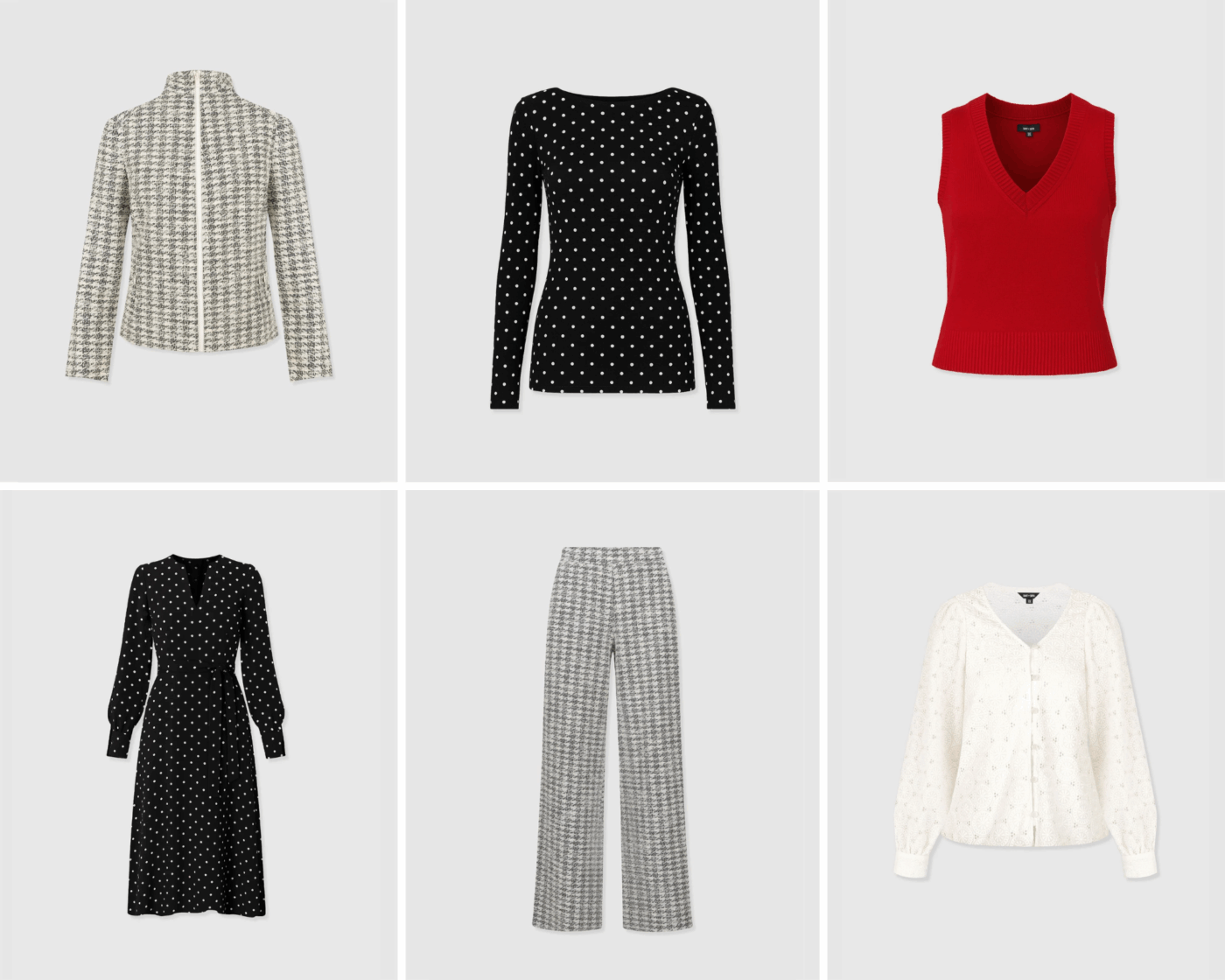 A grid of six images with products from the Saint and Sofia January Collection. In the first image is a white and black boucle style zip up jacket, in the second image is a long sleeve black boat neck top with white polka dots, in the third is a red sleeveless V neck sweater vest, in the fourth is a V neck long sleeve black dress with white polka dots, in the fifth is a pair of wide leg trousers in a strechy white and black boucle material with an elasticated waistband, and in the sixth is a white  v neck blouse with broderie angalise detailing.