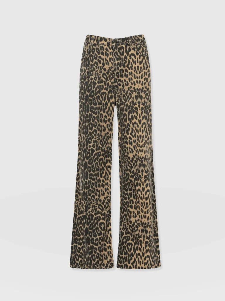 A pair of wide leg leopard print jeans from Saint and Sofia.