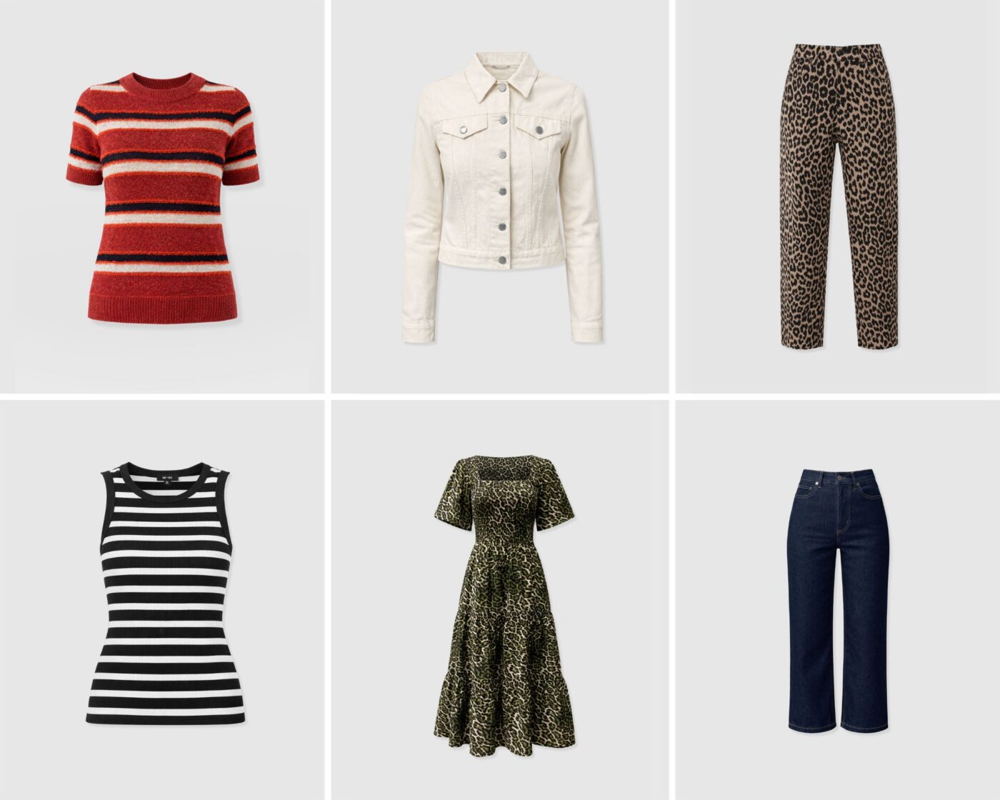 A grid of six images of products from Saint and Sofia's March collection. The top left features a crew neck short sleeve tee with red, cream, and black stripes. The top middle is a cream button up denim jacket. The top right is a pair of barrel leg jeans with a leopard print design. The bottom left is a black and white striped racer back vest. The bottom middle is a square neck, short sleeve dress with a leopard print design. The bottom right is cropped indigo jeans.